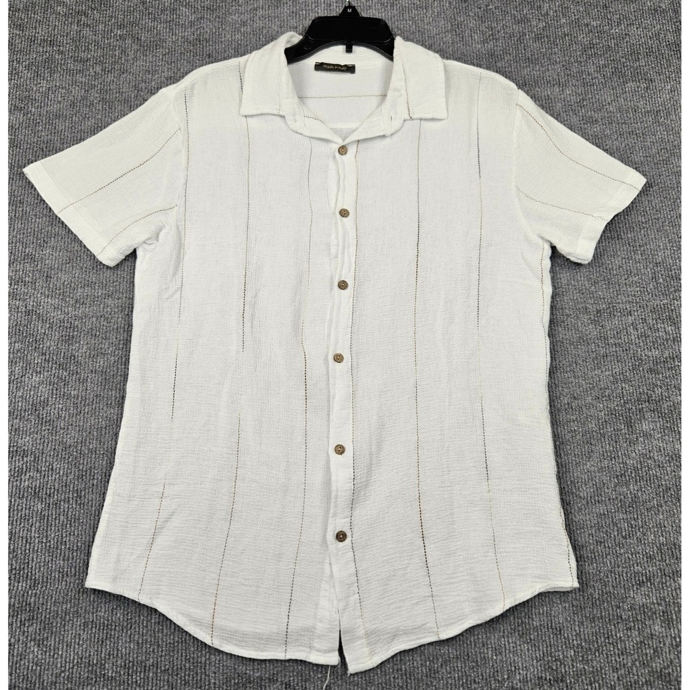 Focus Moda Italy Mens Medium White Cotton Linen Striped Short Sleeve Button Up